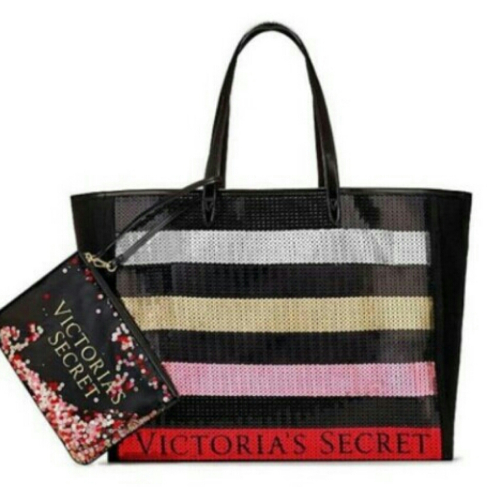 💋 Victoria’s Secret Striped Sequin Tote Bag L NEW! * - Picture 9 of 9